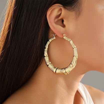 18K Gold Plated Bamboo Hoop Earrings for Women – Large Round Heart Design, 80/90s Ghetto Door Knocker Style, Trendy Hip Hop Jewelry Accessories - color: Gold Hoop 60mm