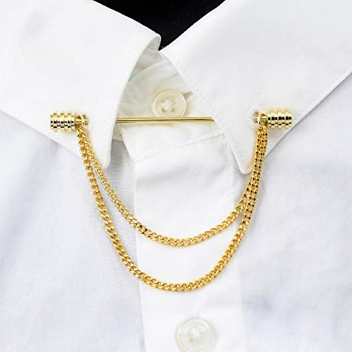 Men's Gold Plated Brass Collar Bar with Double Hanging Chain Tassel Shirt Tie Bar Collar Brooch - color: Gold Ridged Head