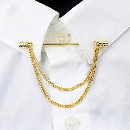 Men's Gold Plated Brass Collar Bar with Double Hanging Chain Tassel Shirt Tie Bar Collar Brooch - color: Gold Ridged Head