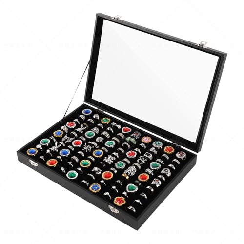 Pangkeep Ring Organizer Display Case,Black Jewelry Storage Tray Boxes for Multiple Rings,Glass Lid,Stackable. (100 Slots) - size: 100 Slots