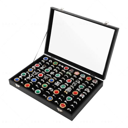 Pangkeep Ring Organizer Display Case,Black Jewelry Storage Tray Boxes for Multiple Rings,Glass Lid,Stackable. (100 Slots) - size: 100 Slots