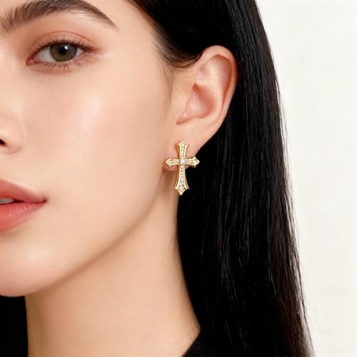 Gold Plated Imitation Diamond Cross Necklace and Earrings Set for Women Cubic Zirconia Trendy Stud Earrings and Cross Pendant Necklaces Jewelry Set Dainty Cross Cute Faith Jewelry Gifts Set - color: Gold