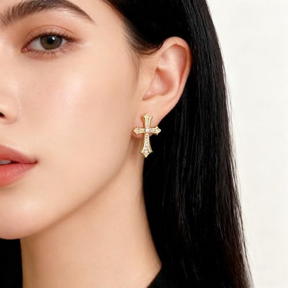 Gold Plated Imitation Diamond Cross Necklace and Earrings Set for Women Cubic Zirconia Trendy Stud Earrings and Cross Pendant Necklaces Jewelry Set Dainty Cross Cute Faith Jewelry Gifts Set - color: Gold