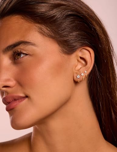Freekiss 3 Pairs Backless Half Hoop Earrings Set for Women | 14K Gold Plated CZ Stay Close Hoop Earrings, Hypoallergenic Huggie Stackable Earring for Everyday & Sleep Wear Jewelry Gift - color: Star CZ-GD
