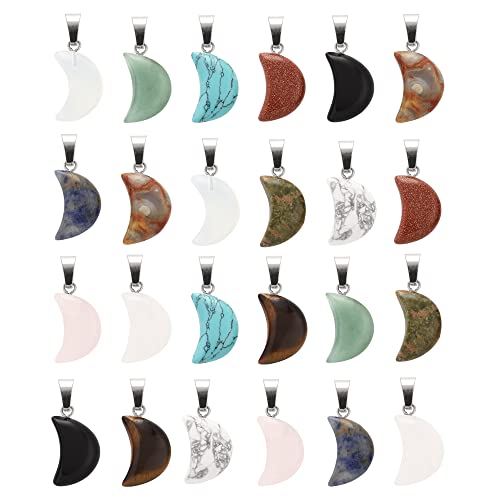 Lezam 24 Pieces Healing Crystal Heart Moon Cross Shaped Pendants Necklace Charms for DIY Jewelry Making Natural Quartz Stones Chakra Love Beads Bulk - color: 24Pcs-D