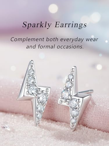 All Moissanites Sparkly Geometric Stud Earrings for Women, Solid 925 Sterling Silver with Rhodium/Gold Plated Hypoallergenic, Lightweight Comfy Earrings - color: Lightning - White Gold