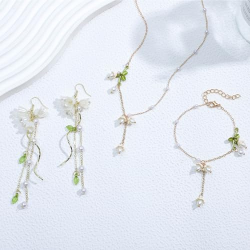 NEWITIN 4 Pieces Flower Jewelry Set for Women Fashion Costume Jewels Pink Flower Dangle Earrings Necklace Floral Beads Bracelet Gold Jewelry Set for Women - color: White Flower Jewelry Set