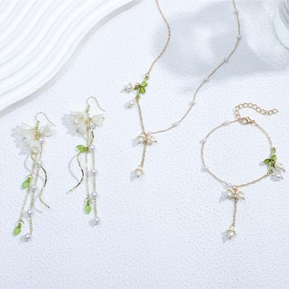 NEWITIN 4 Pieces Flower Jewelry Set for Women Fashion Costume Jewels Pink Flower Dangle Earrings Necklace Floral Beads Bracelet Gold Jewelry Set for Women - color: White Flower Jewelry Set
