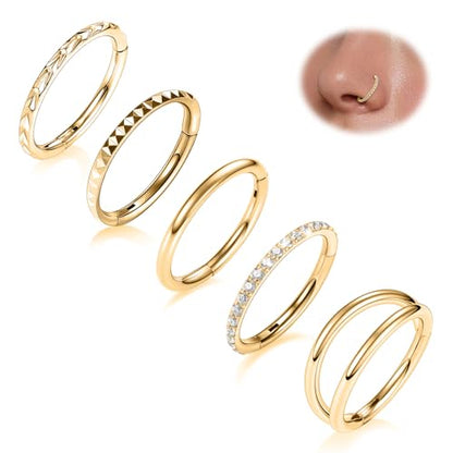 FUNLMO 3Pcs Nose Rings Double Hoop Nose Ring Conch Daith Tragus Helix Rook Piercing Jewelry Surgical Steel Cartilage Earring Conch Hoop Earring Septum Jewelry Lip Ring - color: Style 3: Gold,5pcs
