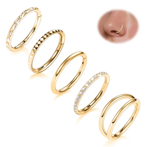 FUNLMO 3Pcs Nose Rings Double Hoop Nose Ring Conch Daith Tragus Helix Rook Piercing Jewelry Surgical Steel Cartilage Earring Conch Hoop Earring Septum Jewelry Lip Ring - color: Style 3: Gold,5pcs