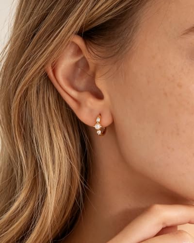 Gold Opal Huggie Earrings for Women, Minimalist Small Hoop Earrings with Zircons - color: gold B