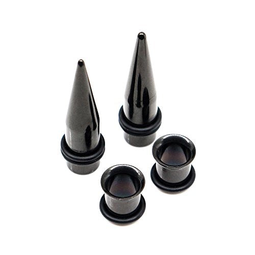 36 Pieces Ear Gauges Stretching Kit Taper Stainless Steel Single Flare Tunnel Plugs Eyelet 14G-00G and 36 pcs O-Ring Extra Set - style: Black 36 pieces