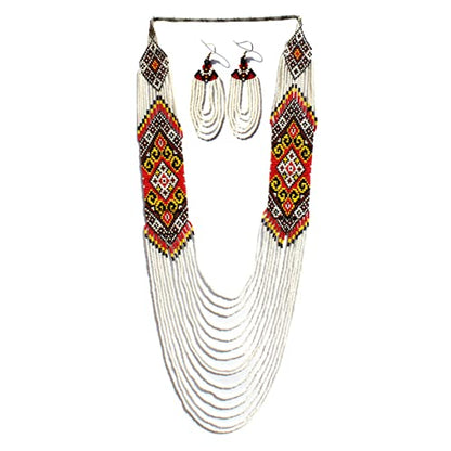 Handmade Native American Style Tribal ethnic Seed Bead Beaded Layered Medallion Necklace - color: White