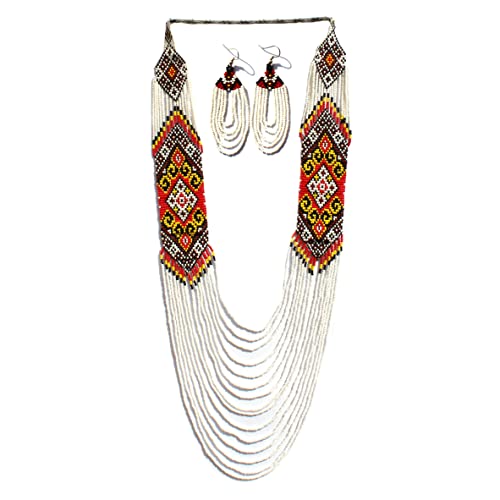 Handmade Native American Style Tribal ethnic Seed Bead Beaded Layered Medallion Necklace - color: White