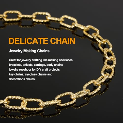 KYUNHOO 9.8 Feet Embossed Paperclip Chain for Jewelry Making with Clasps | 18K Gold Plated Mixed Material Bulk Jewelry Chunky Paper Clip Necklace Making Chains for Crafts DIY - color: Paperclip Gold