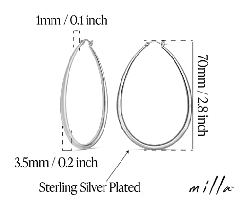 Milla Oval Hoop Earrings for Women | Elegant Polished 14K Gold, Rose Gold or Silver Plated Hoops with Secure Latch Closure, Hypoallergenic & Lightweight - color: Sterling Silver Plated / 2.8 in - X-LARGE