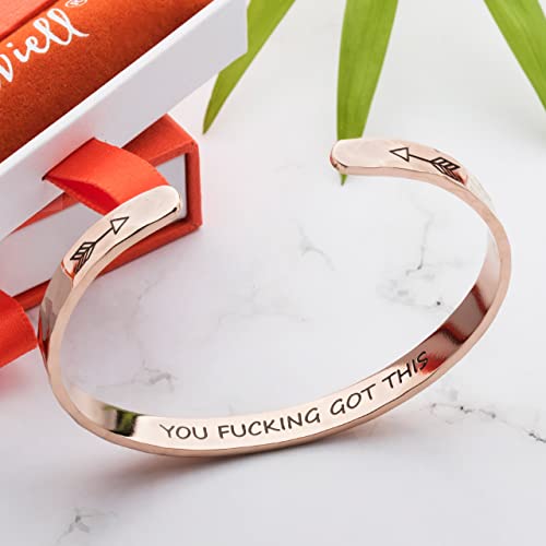 Carviell Bracelet - Gifts for Women – Inspirational, Friendships, Love, Mom, Daughters, Sisters, Christian, Graduations, Memorials & Wedding Gifts – 100+ Phrases – Stainless Steel, Gift Ready - color: BADASS Gift - YOU F##king Got This - ROSE GOLD