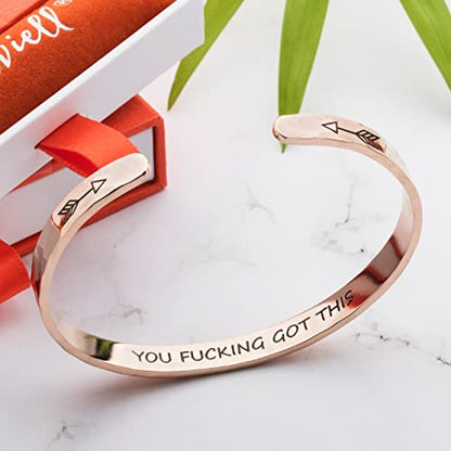 Carviell Bracelet - Gifts for Women – Inspirational, Friendships, Love, Mom, Daughters, Sisters, Christian, Graduations, Memorials & Wedding Gifts – 100+ Phrases – Stainless Steel, Gift Ready - color: BADASS Gift - YOU F##king Got This - ROSE GOLD
