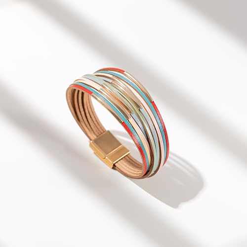 Gold Tube Leather Wrap Bracelets Boho Chunky Stackable Layered Western Cuff | Stacked Bohemian Cool Magnetic Clasp Bangles Statement Cowgirl Hippie Country Festival Accessories for Women Trendy - color: Colorful