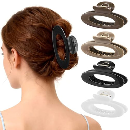 4 Pack Oval Hair Clip, 4.7" Large Durable Trendy Hair Claw Clip with Bead & Butterfly Spring, Premium PC Material Cozy Fashion Hair Claw for Thick Hair, Gift Set for Women Girls, Daily Wear - color: Classic Color 4: Black, White, Brown and khaki