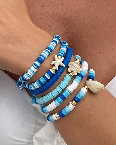 Shell Bracelets for Women Layered Seashell Starfish Bracelets Stackable Stretch Boho Beaded Bracelet Summer Beach Surfer Bracelet Seaside Beach Dress Outfits Accessories - color: B3:blue shell bracelets