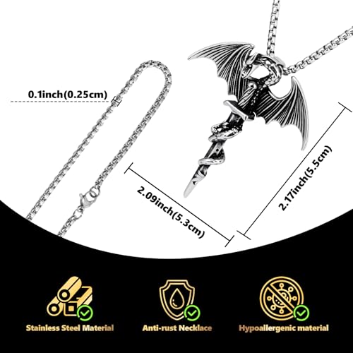 Stainless Steel Gothic Y2K Punk Rock Emo Biker Pendant Necklace | Cosplay Vintage Viking Alt Edgy Fashion Charm Necklace Jewelry for Men Women Active Daily Wear - style: Winged Dragon Sword