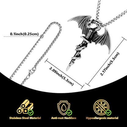 Stainless Steel Gothic Y2K Punk Rock Emo Biker Pendant Necklace | Cosplay Vintage Viking Alt Edgy Fashion Charm Necklace Jewelry for Men Women Active Daily Wear - style: Winged Dragon Sword
