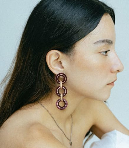 Ozel - Natural Wooden Acrylic Boho Drop Dangle Earrings for Women - Geometric Statement Jewellery - Brown, Black, Magent Red, Olive Green, White beige - color: 3Circle_Magenta