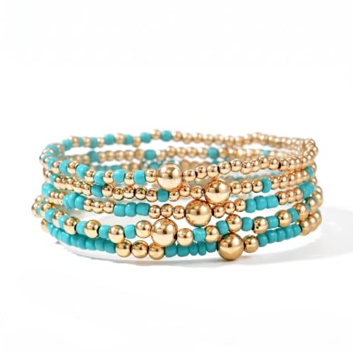 LOTSOF Bohemia Multilayer Beaded Bracelet Set, Turquoise Resin Colorful Surfer Heishi Style Elastic Spring Clasp Friendship Elastic Wristbands Summer Beach Boho Vacation Jewelry - color: Blue
