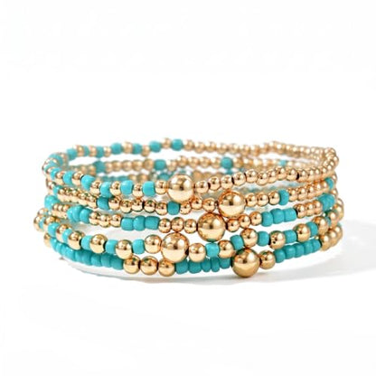 LOTSOF Bohemia Multilayer Beaded Bracelet Set, Turquoise Resin Colorful Surfer Heishi Style Elastic Spring Clasp Friendship Elastic Wristbands Summer Beach Boho Vacation Jewelry - color: Blue