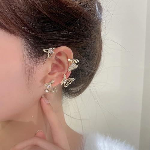 2Pcs Butterfly Ear Cuffs Rhinestone Clip On Earrings | Rhinestone butterfly ear cuffs with non piercing clip on design; silver ear wrap climber jewelry for parties and weddings - style: Style C Gold