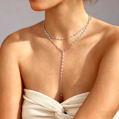 Gold Lariat Necklace for Women Layered Y Long Necklace Stainless Steel Choker Necklace Statement Necklaces Daily Prom Trendy Jewelry Gift for Women - color: Silver1