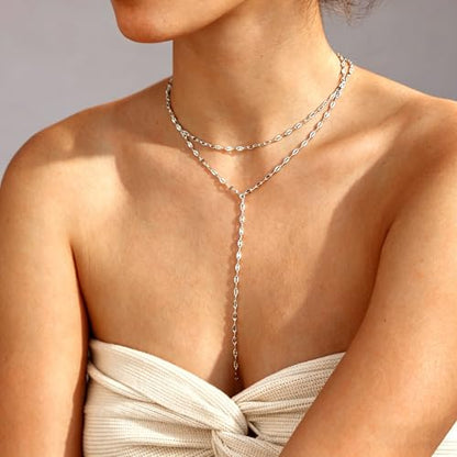 Gold Lariat Necklace for Women Layered Y Long Necklace Stainless Steel Choker Necklace Statement Necklaces Daily Prom Trendy Jewelry Gift for Women - color: Silver1