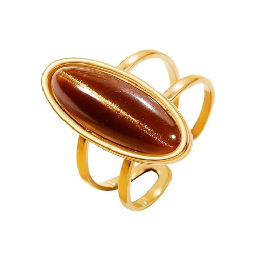 OIDIMS Fashion Geometric Oval Statement Ring for Women Gold-Tone Stainless Steel Dainty Faux Gemstone Adjustable Open Wedding Band Boho Trendy Comfirm Fit Wrap Finger Rings Cocktail Party Jewelry - color: Brown