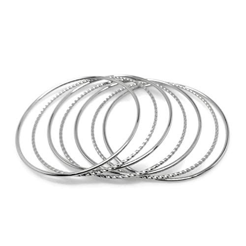 Loralyn Designs Thin Silver Stainless Steel Textured Bangle Bracelet Set of 7 - style: M - 8" Inner circumference