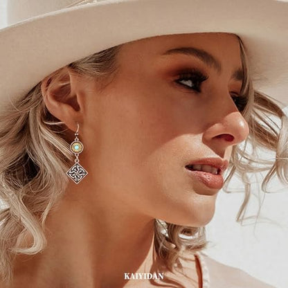 Boho Turquoise Dangle Earrings For Women Trendy,Western Blue Gemstone Drop Earings,Vintage Gothic Ethnic Statement Beach Vacation Long Birthstone Earrings with Leaf Teardrop Turquoise Crystal Tassels,Fashion Jewelry Birthday Gift. - style: A9 Geometric Br