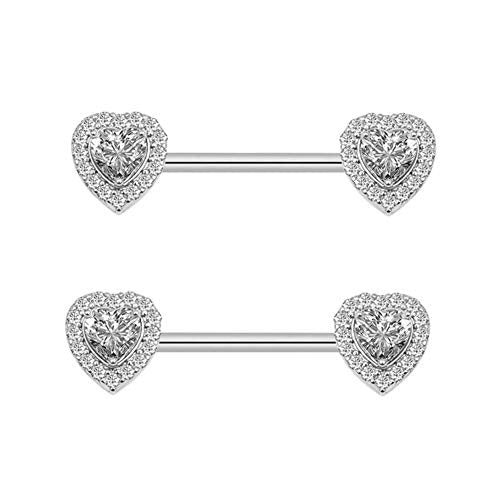 HQLA 14G Dainty CZ Love Heart Nipple Rings Tongue Ring Surgical Steel Nipple rings Piercing Women Barbells 2Pcs 25/8"(16mm) - style: Silver