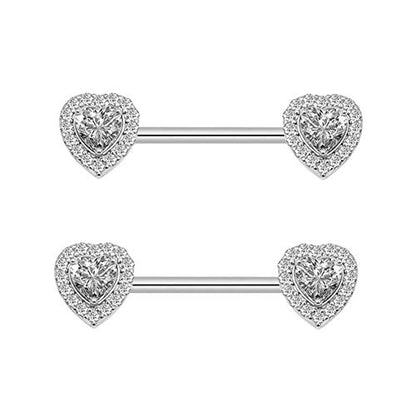 HQLA 14G Dainty CZ Love Heart Nipple Rings Tongue Ring Surgical Steel Nipple rings Piercing Women Barbells 2Pcs 25/8"(16mm) - style: Silver