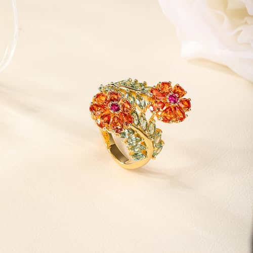 Statement Flower Ring Cocktail Leaf Ring Birthstone Anniversary Signet Ring | Hypoallergenic|14K Gold Plated|Sterling Silver Sparkling Engagement Promise Party Ring for Women, Size 6 to 10(With Box) - color: Flower - Garnet