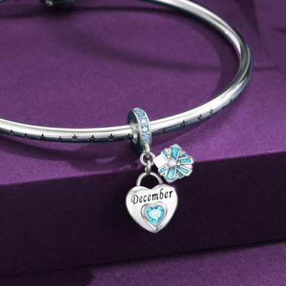 925 Sterling Silver Birthstone Bracelet Charm - Unique Heart Shaped Design, Fits most Europe Pandora Bracelets and Necklaces, women's DIY holiday Gifts - style: L-December