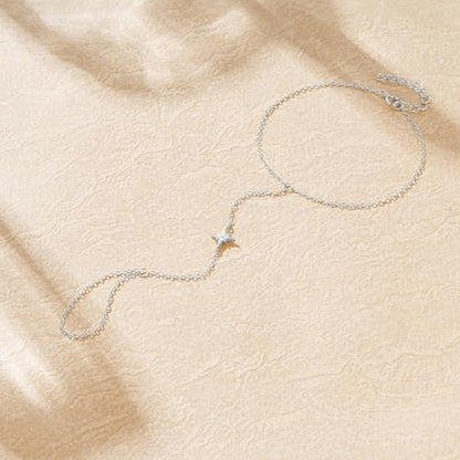 925 Sterling Silver Hand Chain Bracelet for Women | 14k Gold Plated CZ Crystal Heart Starburst Ring Bracelets Hand Chain Diamond Layered Stackable Link Chain Beach Jewelry Gifts - color: SilverA