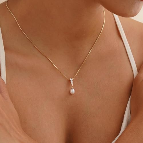 Pearl Necklaces for Women Trendy,14k Gold Plated Pearl Pendant Necklace Dainty Wedding Necklace Small Cute Gold Choker Necklace for Women Non Tarnish Gold Prom Jewelry Fashion Bridesmaids Gifts - color: Dangle necklace