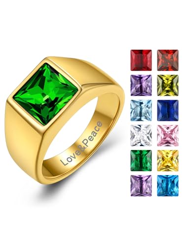 KeyStyle Square Gemstone Signet Rings for Men, Personalized Stainless Steel Pinky Ring with Black Onxy Blue Topaz Birthstone Statement Ring - color: Gold - Custom Stone - 8mm