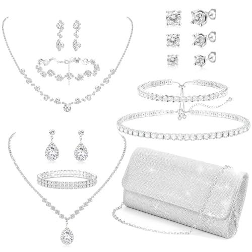 RIOSO Silver Clutch Purse Prom Wedding Jewelry Sets for Women Rhinestone Clutch Silver Necklace and Earring Bracelet Accessories Set for Wedding Formal Bridal Bridesmaid Evening Prom Jewelry