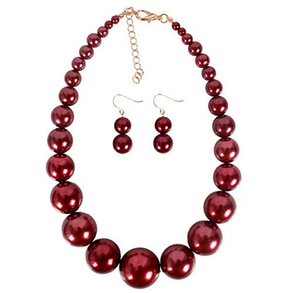 Large Style Big Imitate Pearl Strand Choker Necklace With Earrings Set - color: burgundy