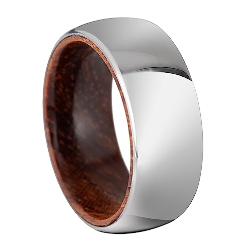 8mm Tungsten Carbide Genuine Natural Koa Wood Inner Inlay Ring Black/Gold/Silver/Rose Gold Wedding Band Hammered Textured Flat Style Comfort Fit Gift Box Included - color: Mirror Finish Silver Turngsten