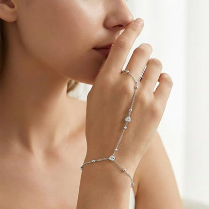 Mchic Hand Chain Tennis Bracelets for Women Trendy: Dainty Diamond Beaded Bracelet 14K Gold Plated/Silver Finger Ring Bracelet Hand Chain Jewelry Adjustable Sparkly Prom Bracelets - color: beaded hand chain silver
