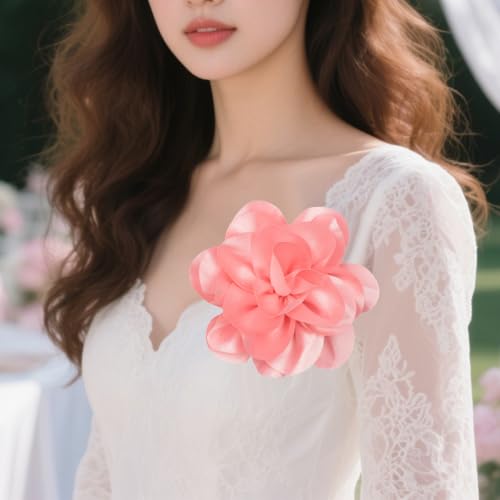 Large Rose Flower Brooches Chiffon Camellia Brooch Lapel Pins Hair Clips Hat Pins for Women Wedding Banquet Accessories Large Satin Flowers 5.5in - color: Pink 2