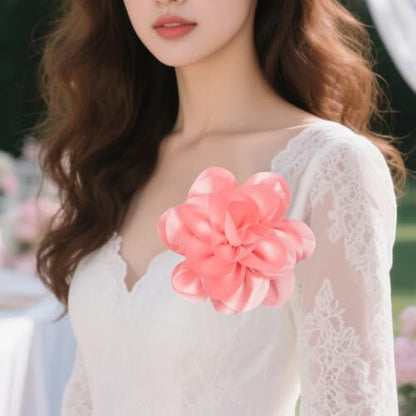 Large Rose Flower Brooches Chiffon Camellia Brooch Lapel Pins Hair Clips Hat Pins for Women Wedding Banquet Accessories Large Satin Flowers 5.5in - color: Pink 2