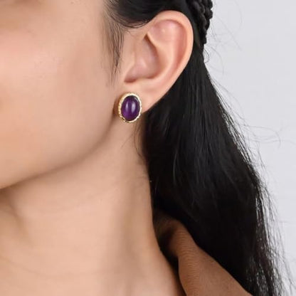 Gempires Bold Oval Gemstone Stud Earrings for Women – Natural Healing Stone Jewelry 14K Gold-Plated Hypoallergenic Tarnish-Resistant – Bold Statement Studs Gift for Her - style: Amethyst